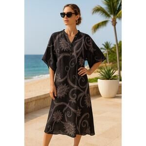 Cleobella Midi Dress Kaftan Cover-Up Fairy Floral Black V-Neck XS Feminine
